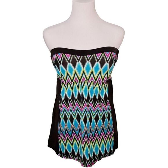 BOGOF Kim Rogers Swim Strapless Black Geometric 1pc Skirted Swimsuit SMALL Beach - Picture 1 of 9